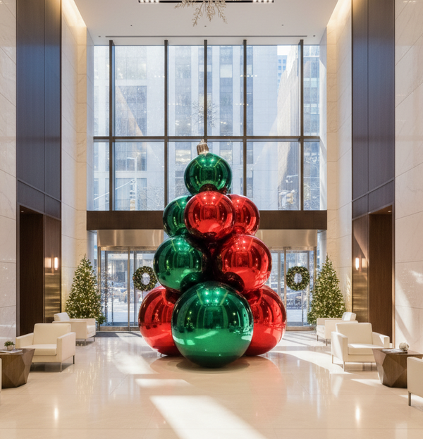 Decorative Christmas tree made of colorful balloons in a modern building lobby.