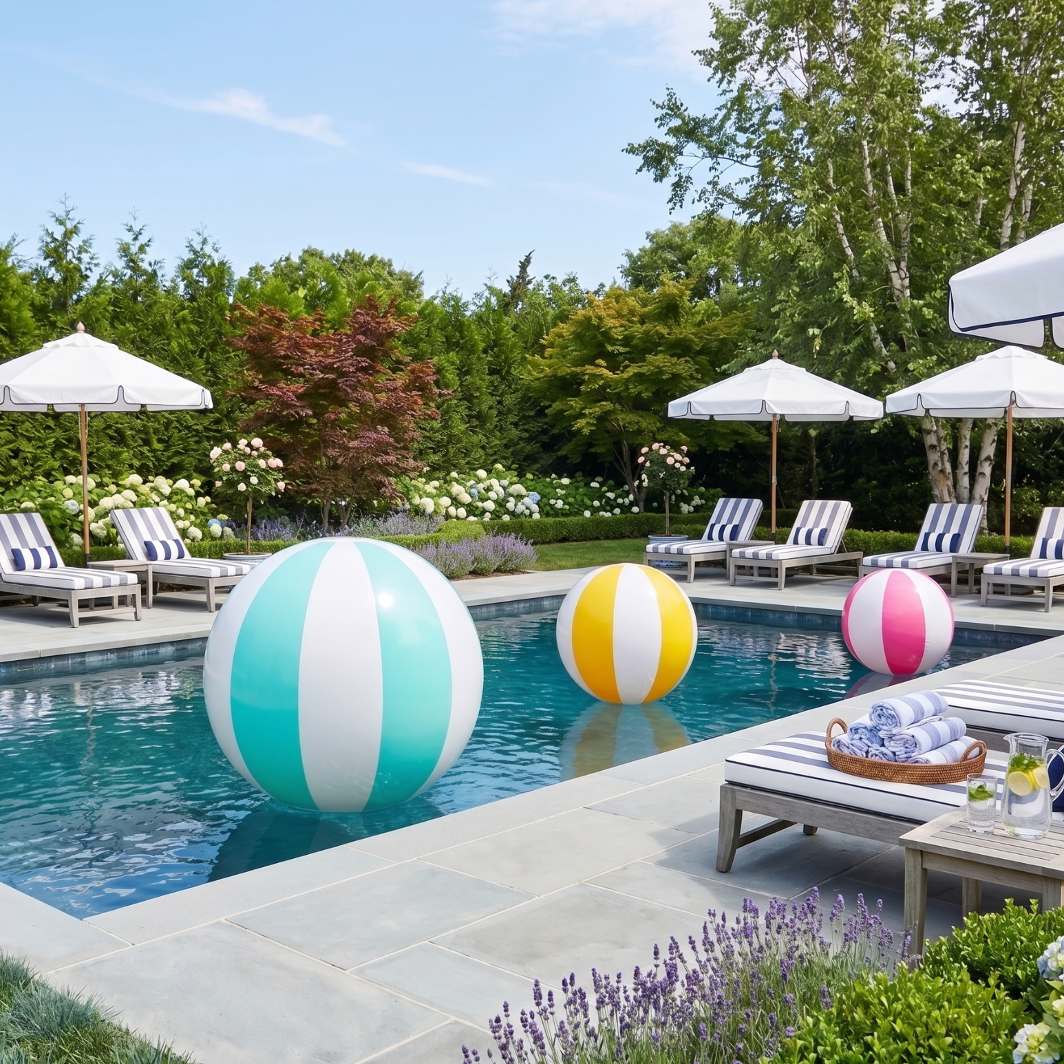 Poolside area with lounge chairs, beach balls, and umbrellas in a garden setting.