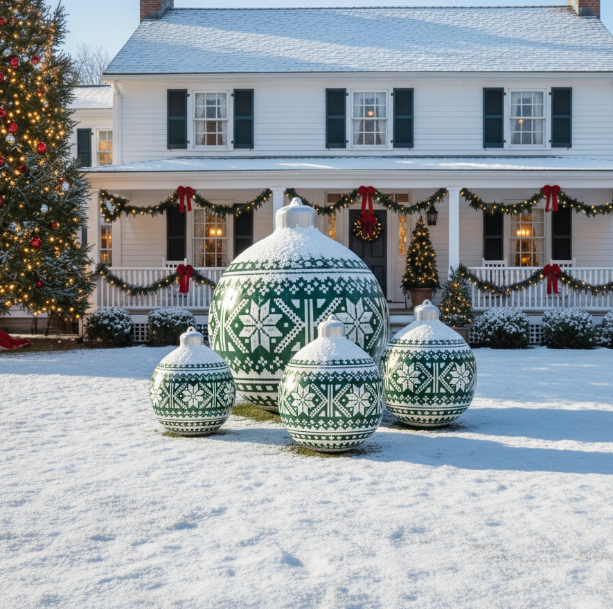 Decorative urns with geometric patterns in front of a snow-covered house with Christmas decorations.