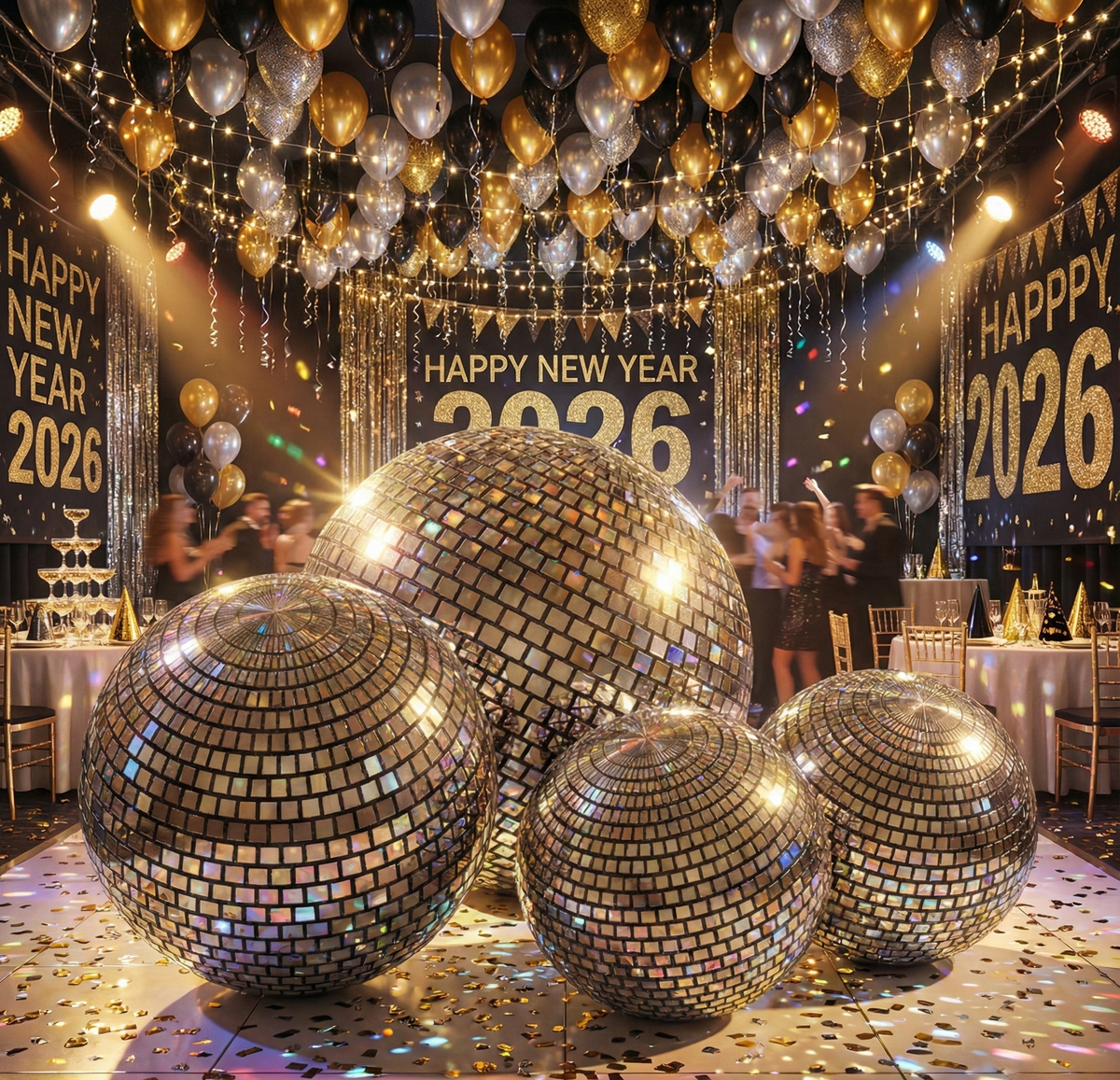 Decorative disco balls on a table with 'Happy New Year 2026' banners in the background.
