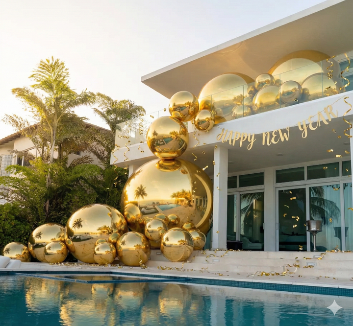 Gold spherical decorations by a pool with 'Happy New Year' banner