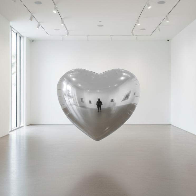 Large metallic heart sculpture in a minimalist white gallery