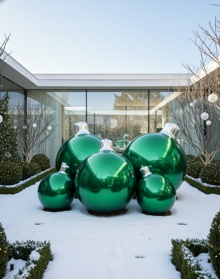 Large green reflective ornaments on a snowy ground with a modern building in the background