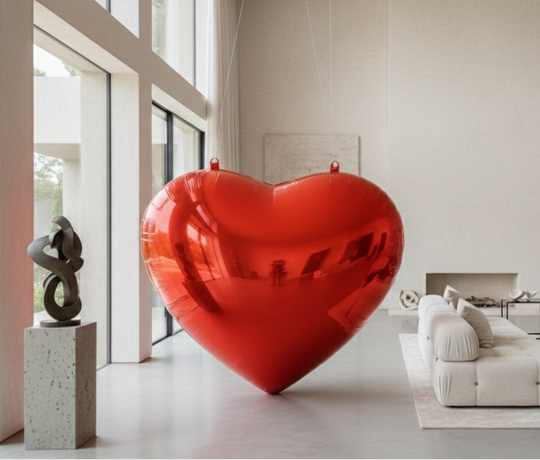 Red heart-shaped balloon in a modern living room with neutral decor