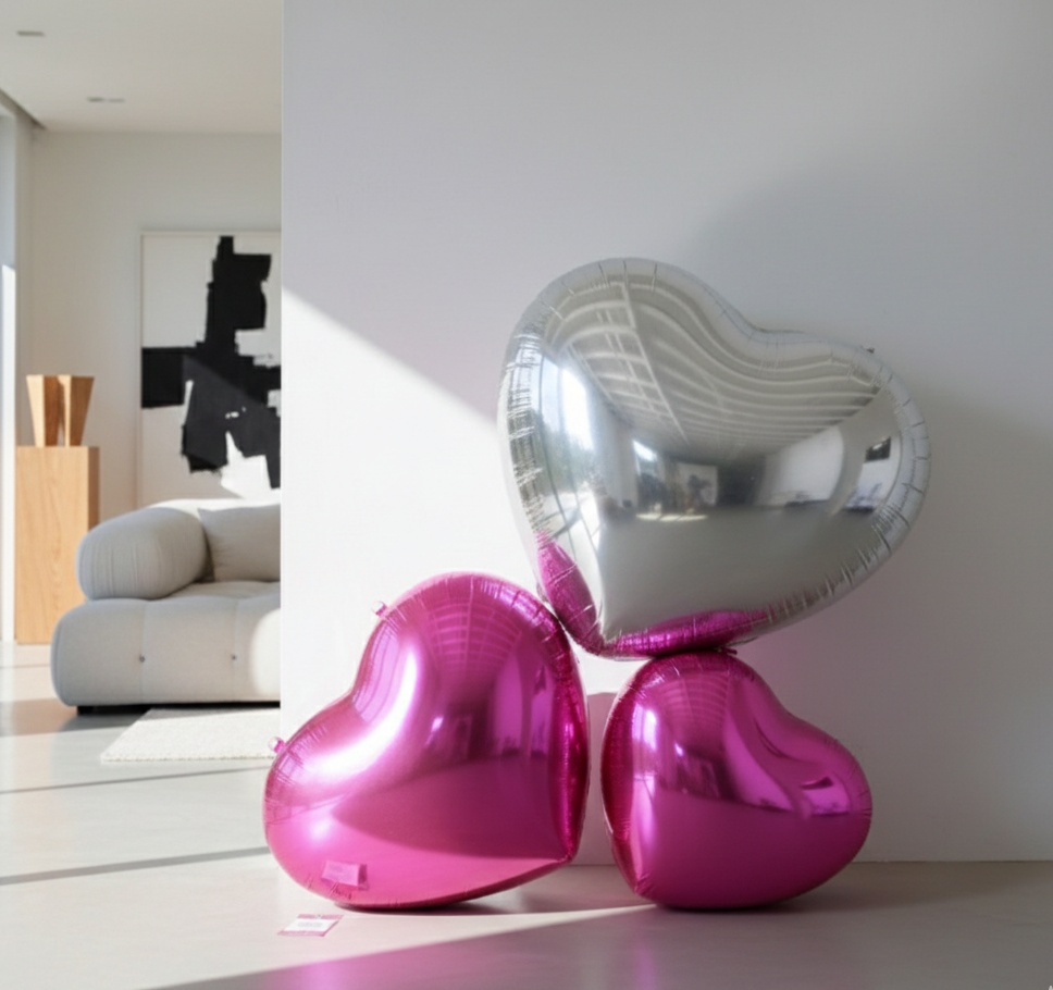 Heart-shaped balloons in pink and silver on a reflective surface with a modern interior background.