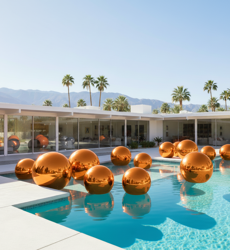 Gold spherical sculptures in a pool with a modern building and palm trees in the background