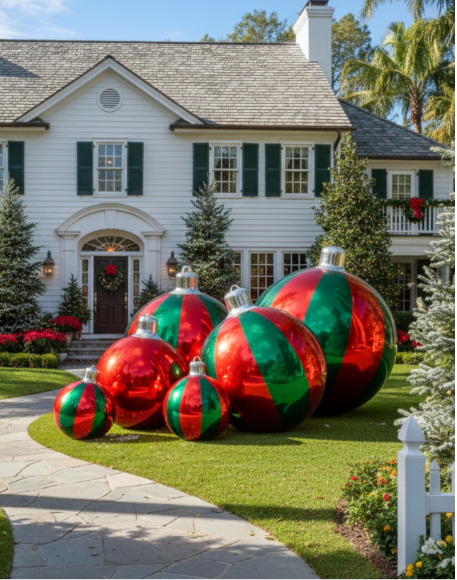 Large Christmas ornaments on a lawn in front of a house