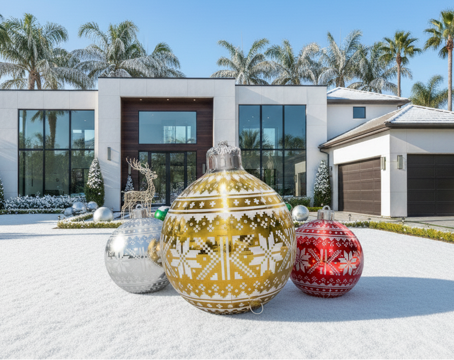 Decorative Christmas balls in gold, silver, and red in front of a modern house with palm trees.