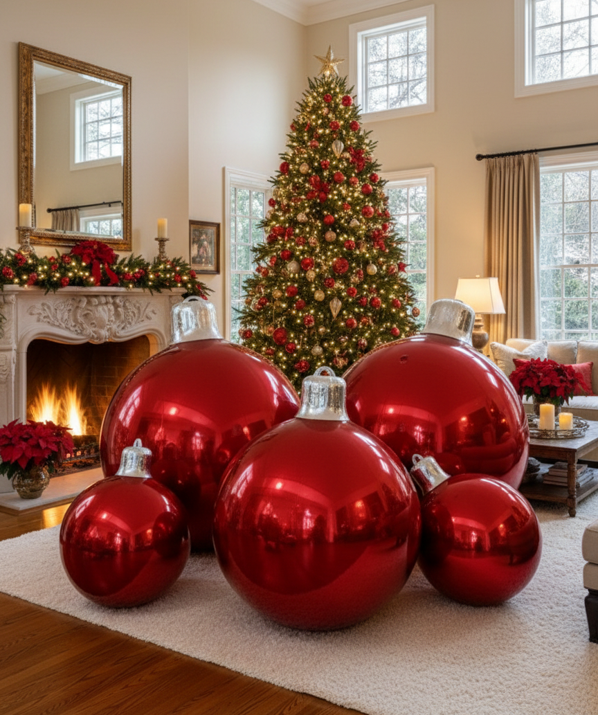 Decorative red ornaments in a living room with a Christmas tree and fireplace.