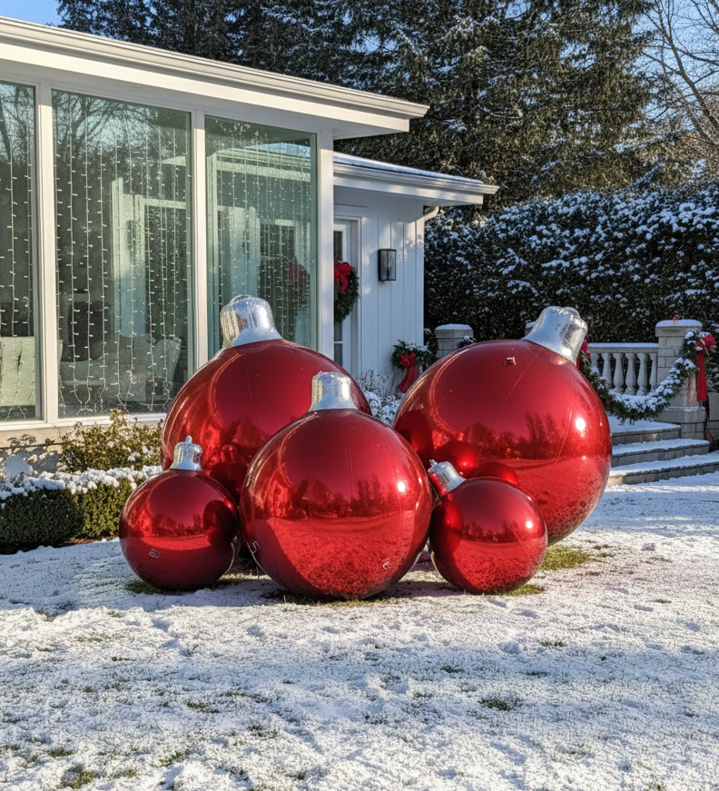 Large red Christmas ornaments on a snowy lawn with a house in the background