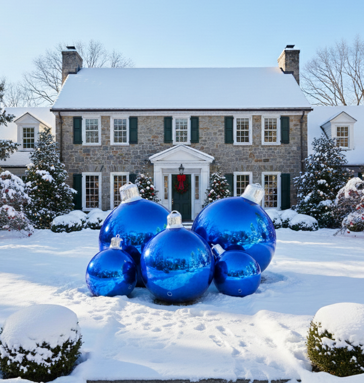 Large blue Christmas ornaments in front of a snow-covered house