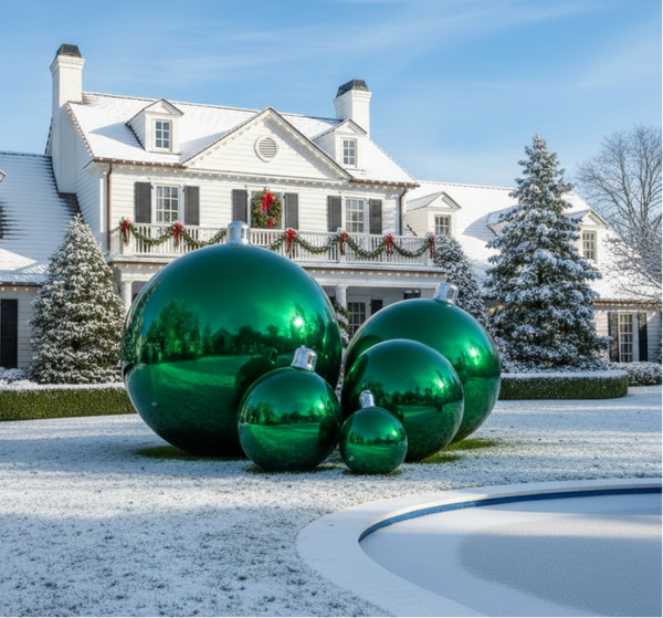 Large green Christmas ornaments in front of a snow-covered house with festive decorations.