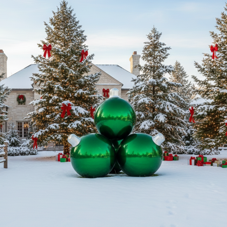 Large green Christmas ornaments in front of a snow-covered house with decorated trees.