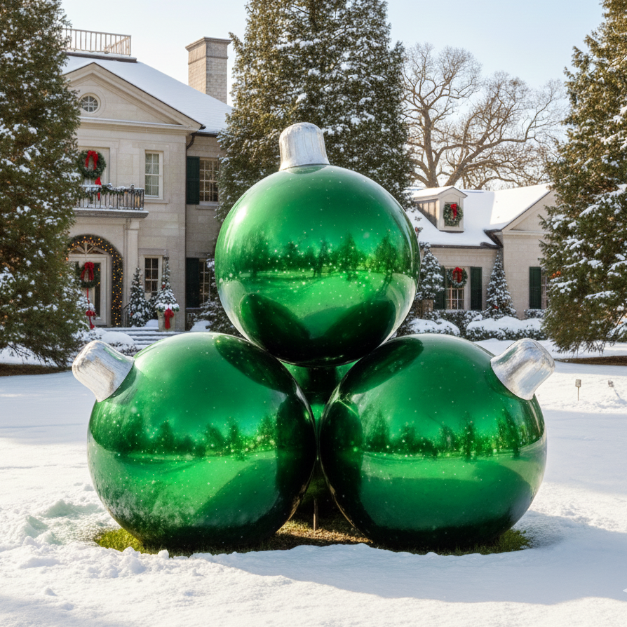 Large green Christmas ornaments in front of a snowy house with trees.