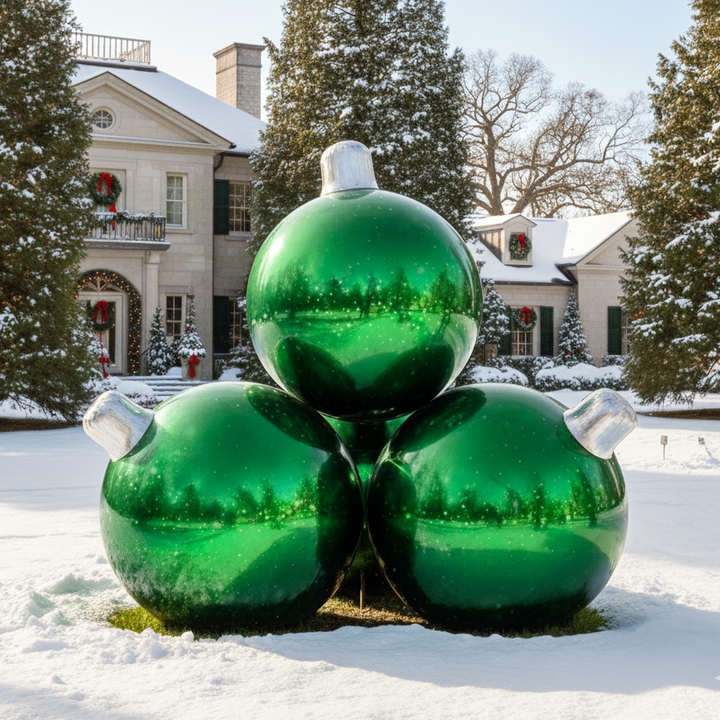 Large green Christmas ornaments in front of a snowy house with trees.