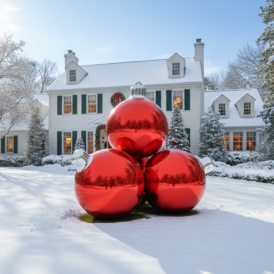 Large red Christmas ornaments in front of a snow-covered house