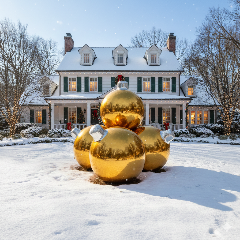 Gold Christmas ornaments in front of a snow-covered house