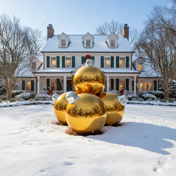 Gold Christmas ornaments in front of a snow-covered house