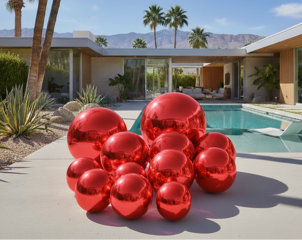 Red spherical objects in front of a modern house with a pool and palm trees.