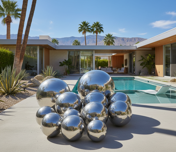 Decorative metallic spheres in front of a modern house with a pool and palm trees.
