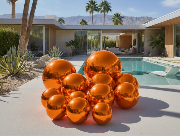 Stack of orange metallic spheres in front of a modern house with a pool and palm trees.