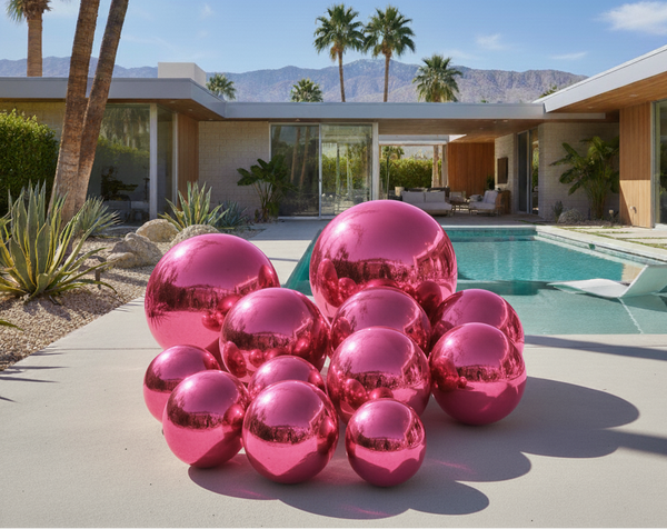 Pink reflective spheres in front of a modern house with a pool and palm trees.