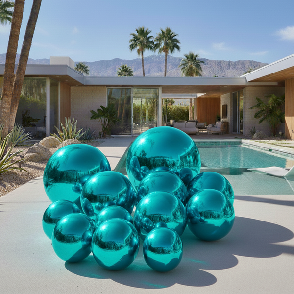 Turquoise metal sculptures in front of a modern house with a pool and palm trees.