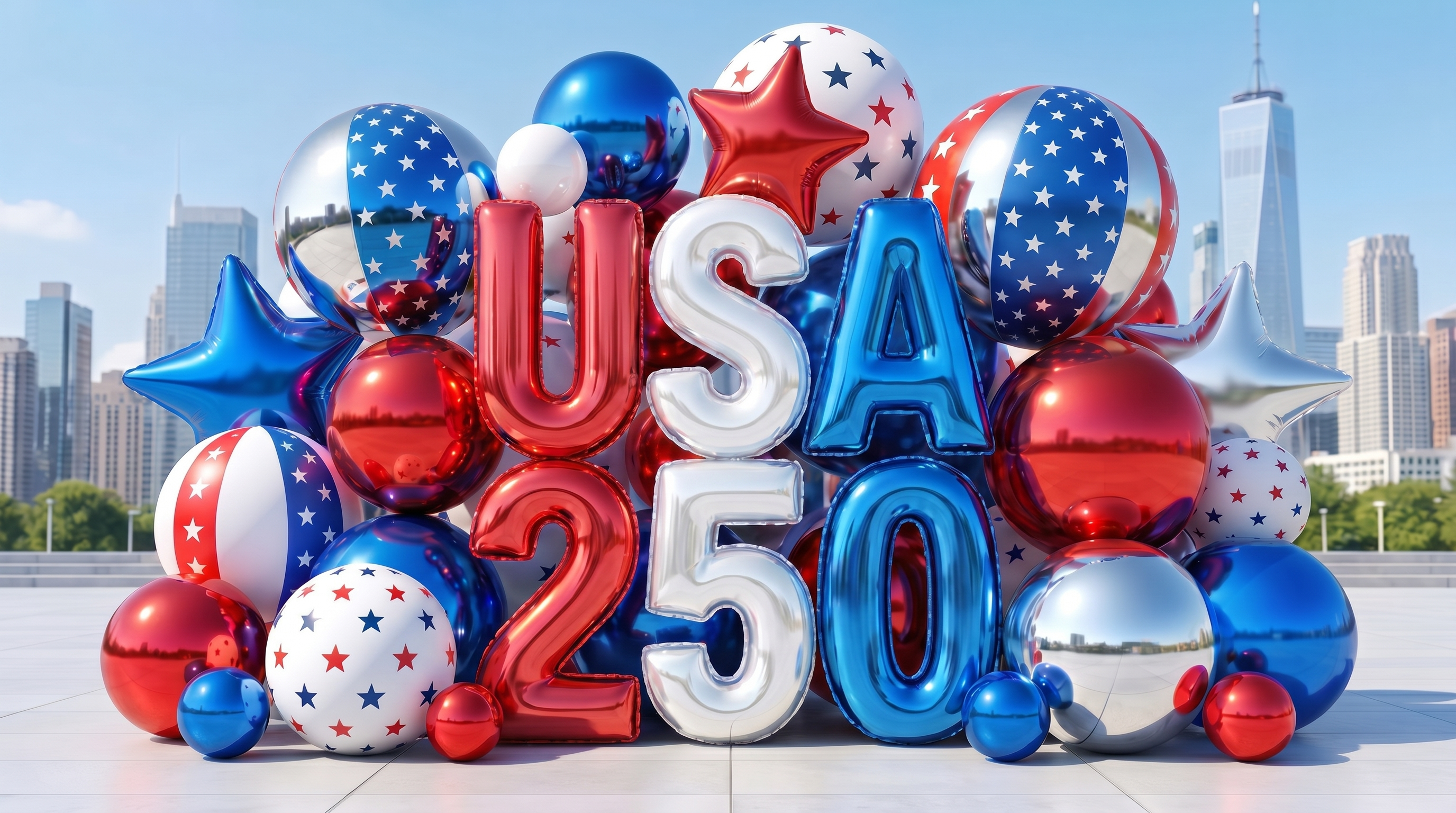 Colorful 'USA 250' balloons with American flag design against a city skyline.