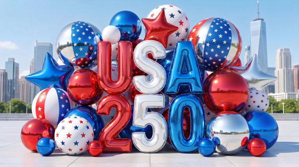 Colorful 'USA 250' balloons with American flag design against a city skyline.