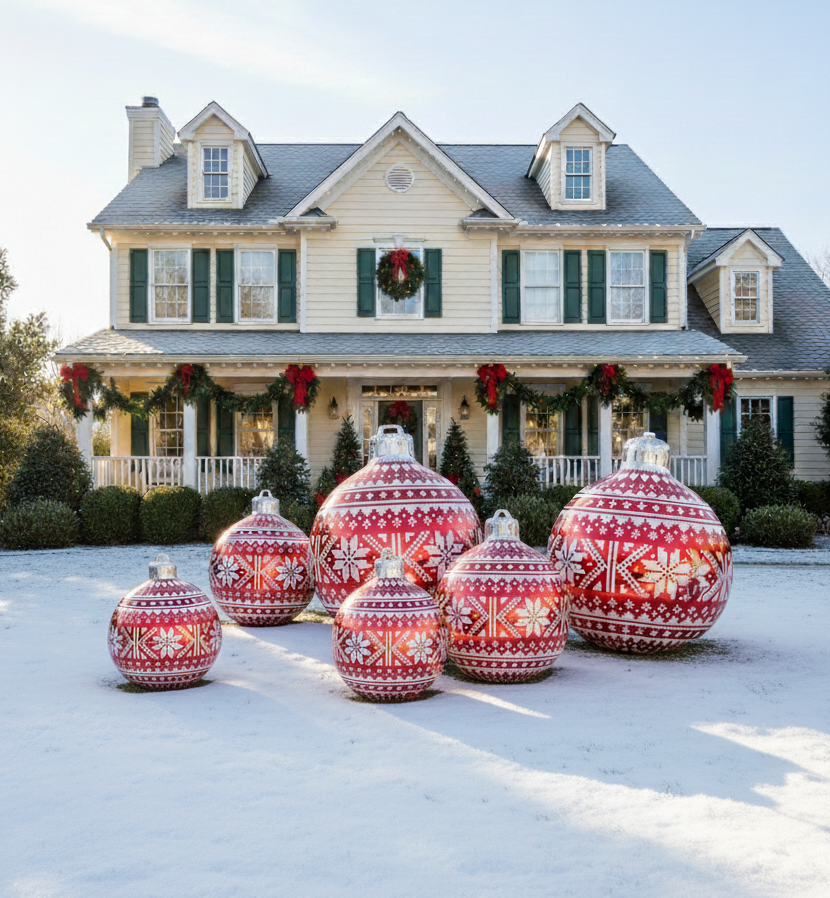 Decorative Christmas ornaments in front of a house with festive decorations.