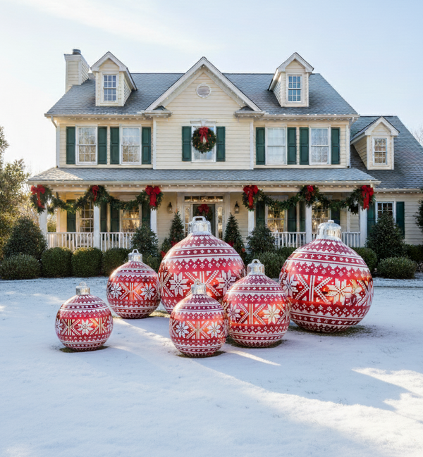 Decorative Christmas ornaments in front of a house with festive decorations.