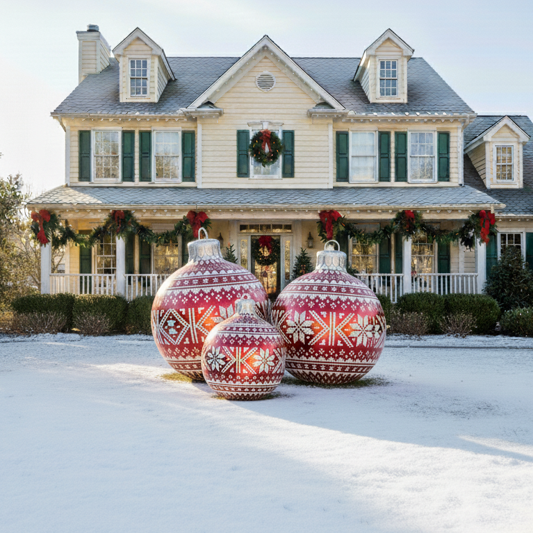 Decorative Christmas ornaments in front of a house with holiday decorations.
