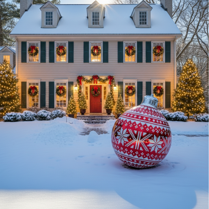 House decorated for Christmas with wreaths and lights, large decorative ornament in foreground.