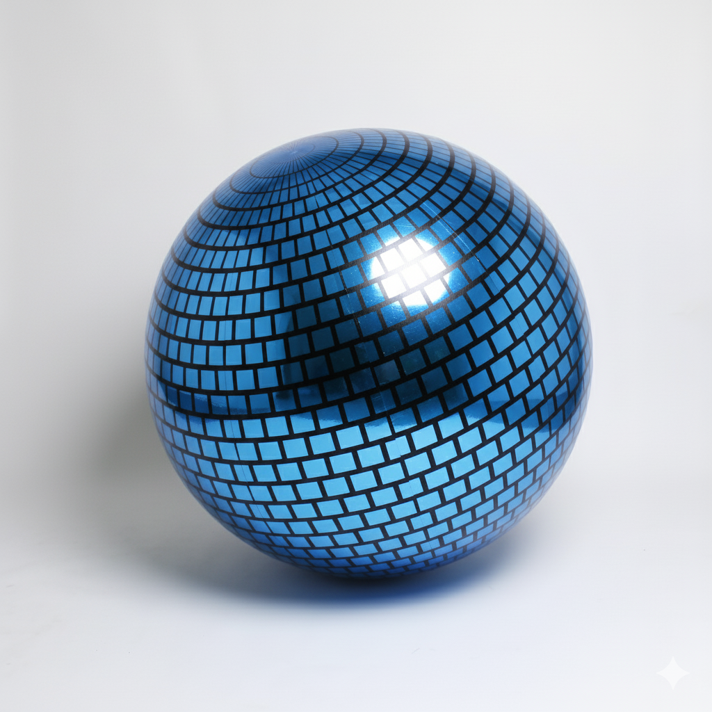 Blue spherical object with a mosaic pattern on a white background