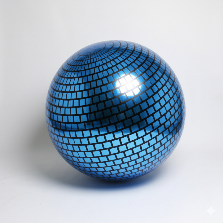 Blue spherical object with a mosaic pattern on a white background