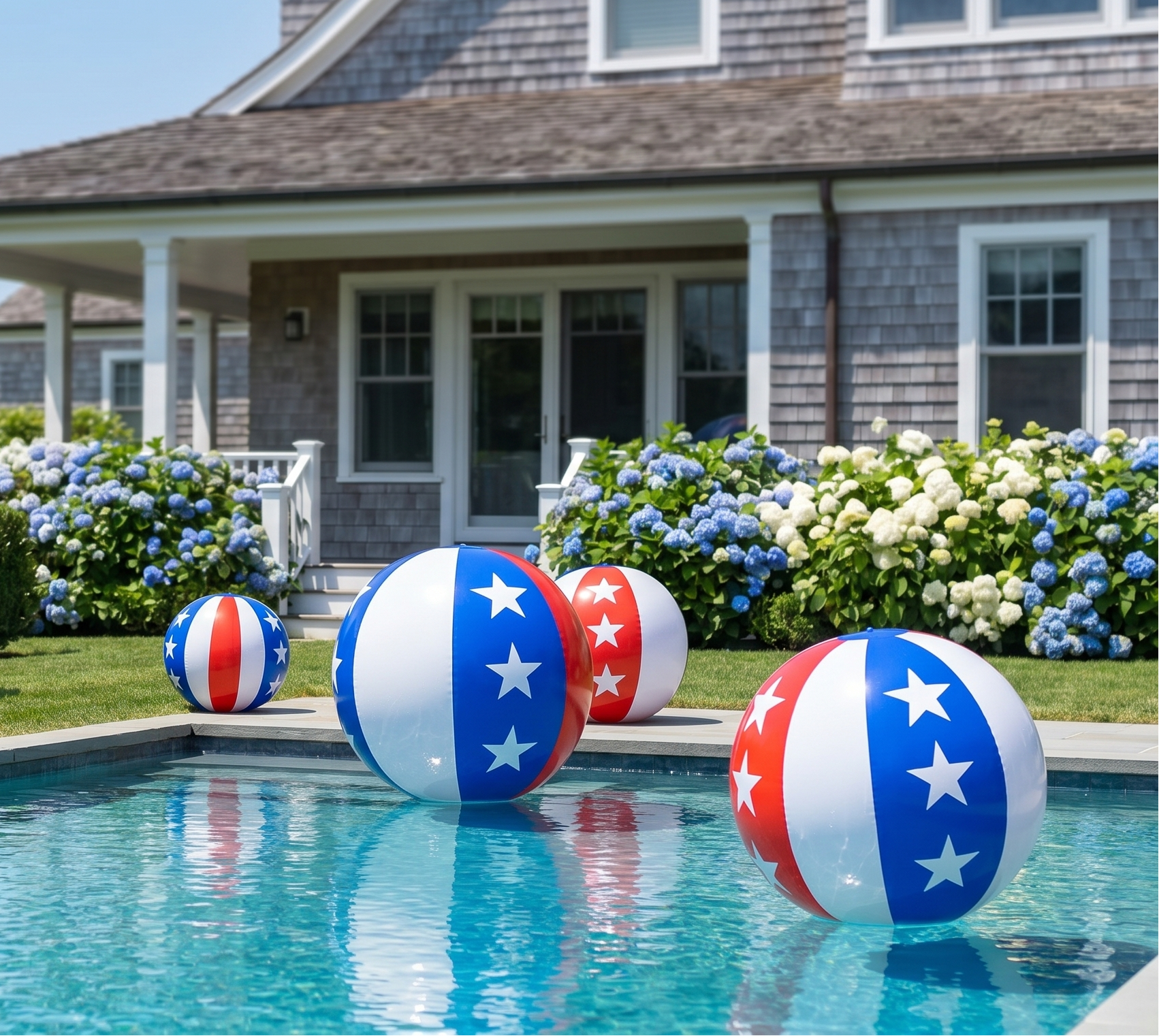 Inflatable pool balls with American flag design in a swimming pool