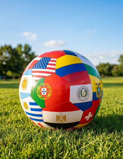 Soccer ball with various country flags on a grass field