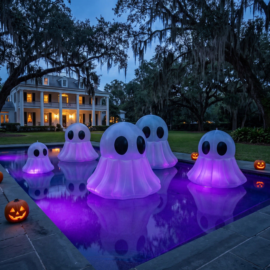 A set of inflatable ghost pool floats with glowing purple and white bodies, arranged in a swimming pool at dusk. The scene is set in a backyard with a large house, hanging Spanish moss trees, and jack-o'-lanterns placed around the pool.