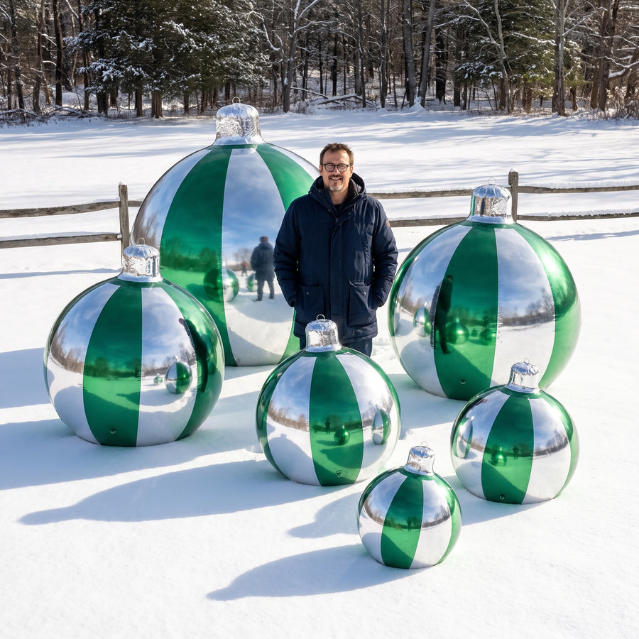 Big Shiny Striped Ornament — Dark Green / Silver