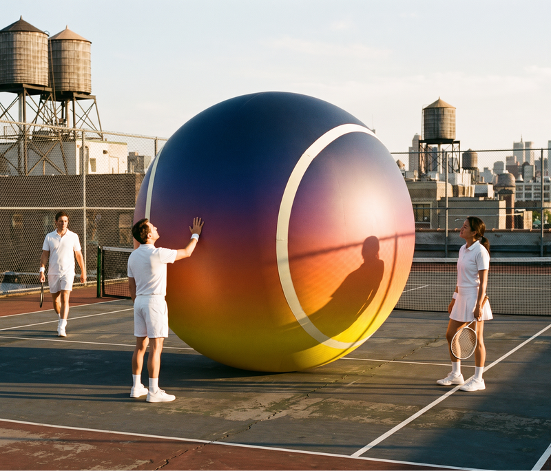 A large, surreal tennis ball sculpture sits on a rooftop tennis court, with three people in white tennis outfits standing around it. The background features a city skyline with water towers under a warm, golden hour sky.