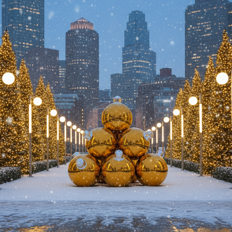 Gold Christmas ornaments in a snowy cityscape with tall buildings and decorated trees.
