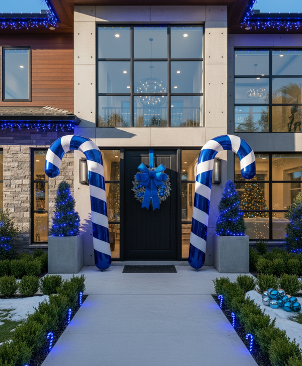 Decorative candy canes and wreath in front of a modern house with blue lights.