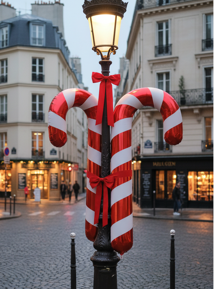 Decorative candy canes tied to a street lamp on a city street with buildings in the background.