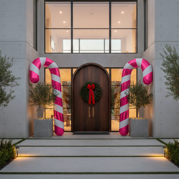 Modern house entrance with candy cane decorations and a wreath on a clear evening.