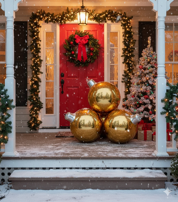 Decorative Christmas scene with gold ornaments, wreaths, and a tree on a porch.