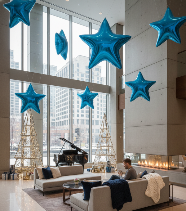 Modern living room with blue star-shaped balloons and a grand piano.