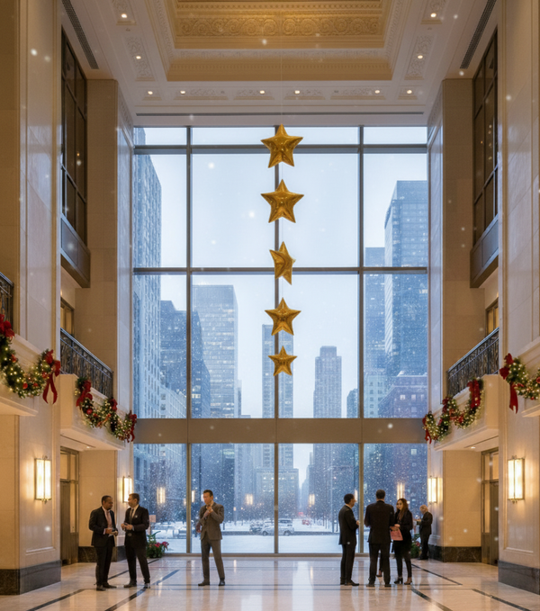 Futuristic cityscape with a building featuring gold star decorations.