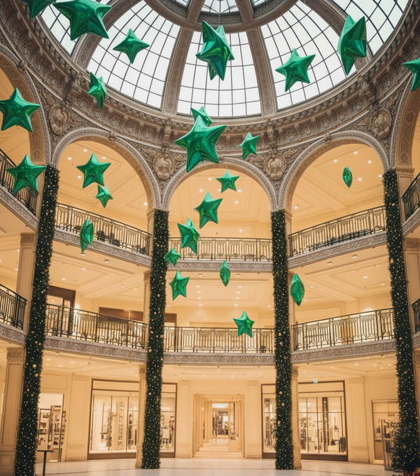 Decorative green stars hanging from a dome ceiling in a large, elegant building.