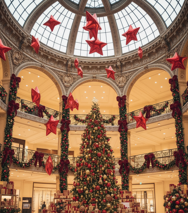 Decorative interior with Christmas tree and red star decorations in a building atrium.