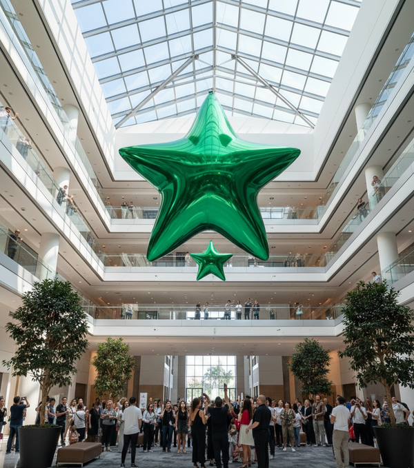 Green star-shaped balloon in a modern building atrium with people below